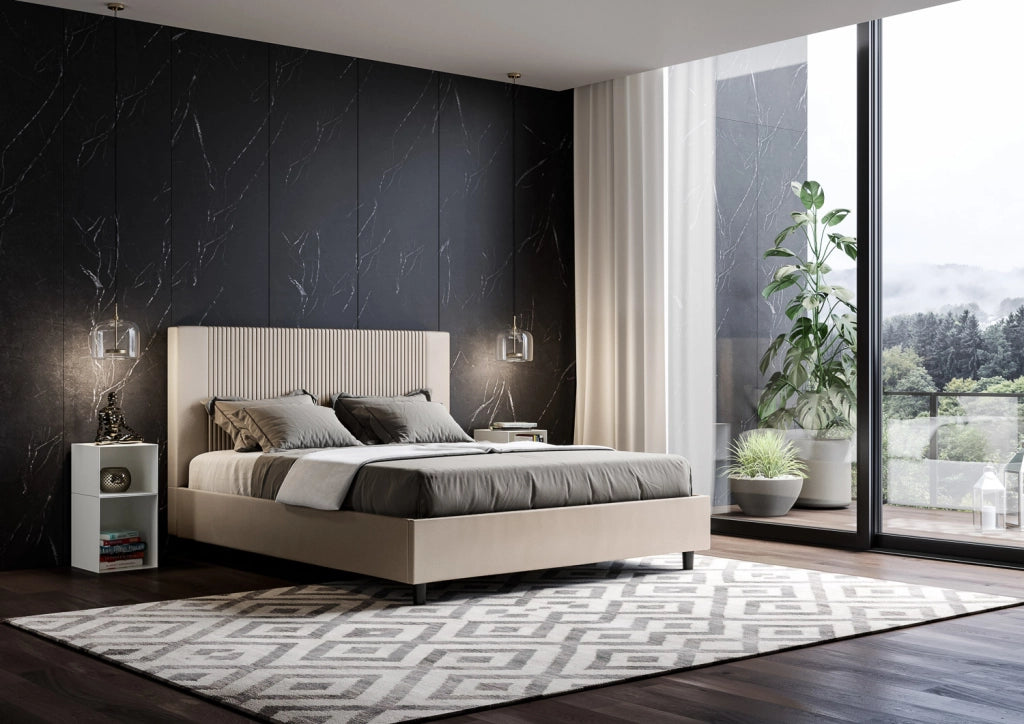 BS COM Letto matrimoniale francese con rete imbottito 140x190 similpelle tortora
