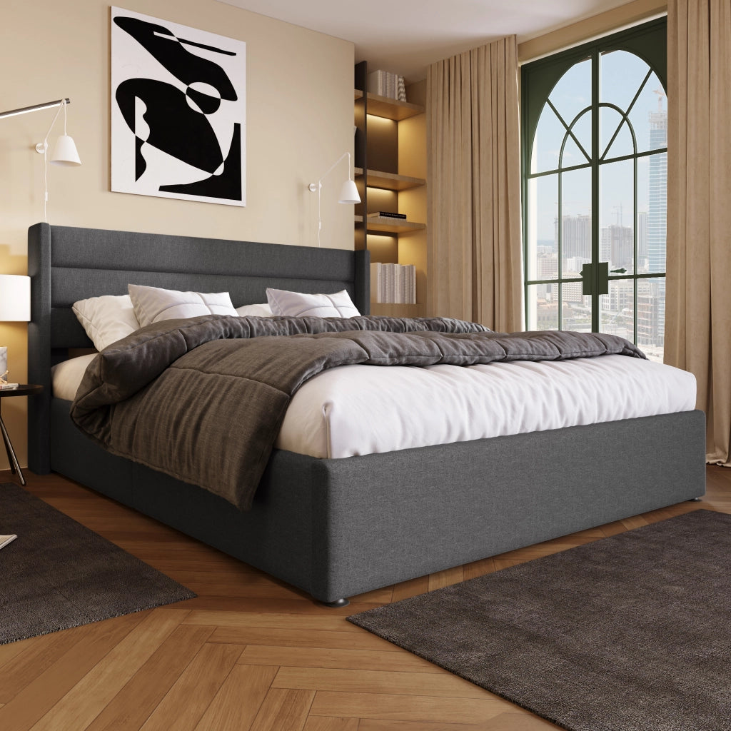 letto imbottito lino grigio 160 x 200 cm