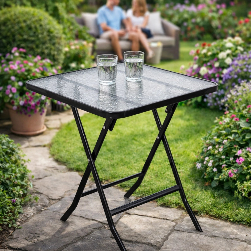 Tavolo Pieghevole Quadrato da Esterno 60x60x71cm con Struttura in Acciaio e Piano in Vetro Nero