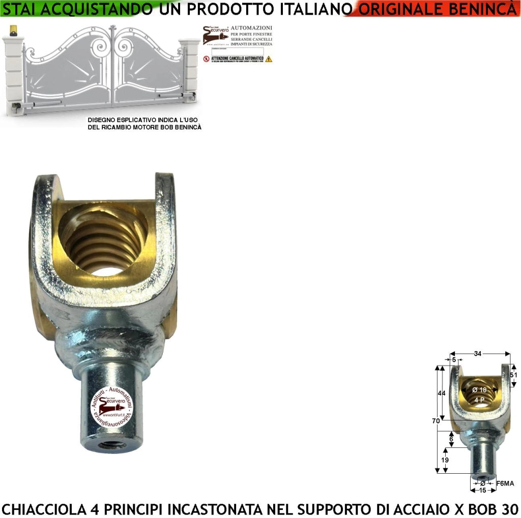 Chiocciola di Traino in Ottone Ricambio del BOB30 Motore Cancello a 4 Principi Incastonata Sulla Forcella di Acciaio Zincata Codice Benincà 120F2 Foro da 18 mm con 4 Filetti Perno con Foro 6MA