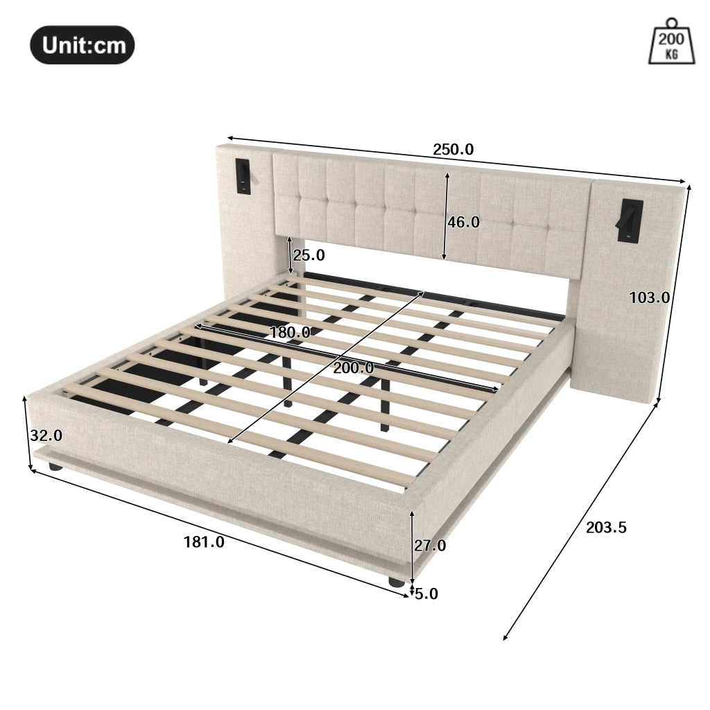 LETTO imbottito 180x200 cm Beige in lino con LED, USB e spot