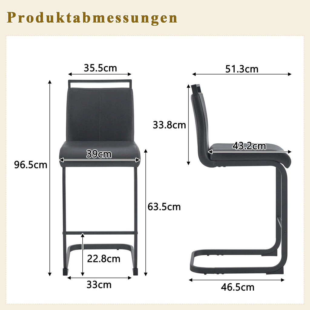 Set di 2 sgabelli da bar in PU nero con gambe in metallo nero, altezza totale 96,5 cm
