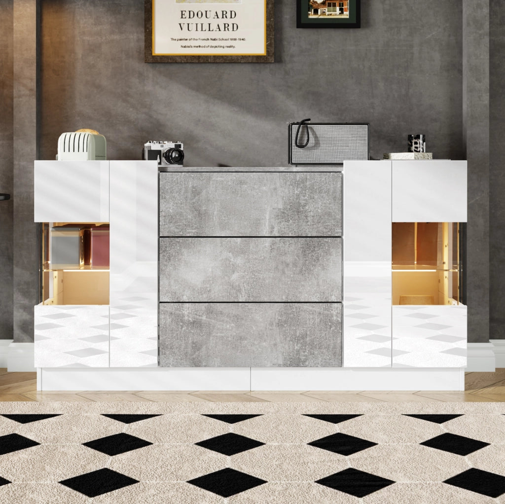 Madia 140x35x75 cm con LED a 16 colori e 2 ante 3 cassetti in MDF; truciolare e vetro bianco e marmo grigio