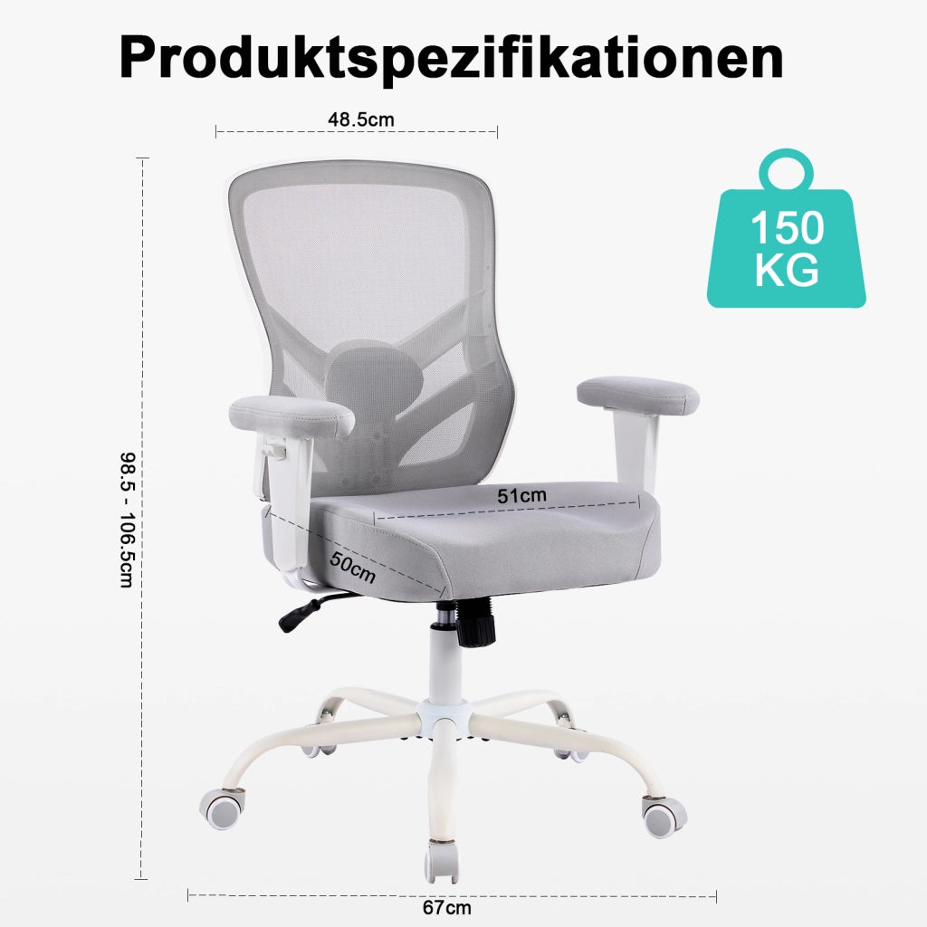 Sedia da ufficio ergonomica con supporto lombare regolabile; braccioli 2D e seduta in schiuma; grigio