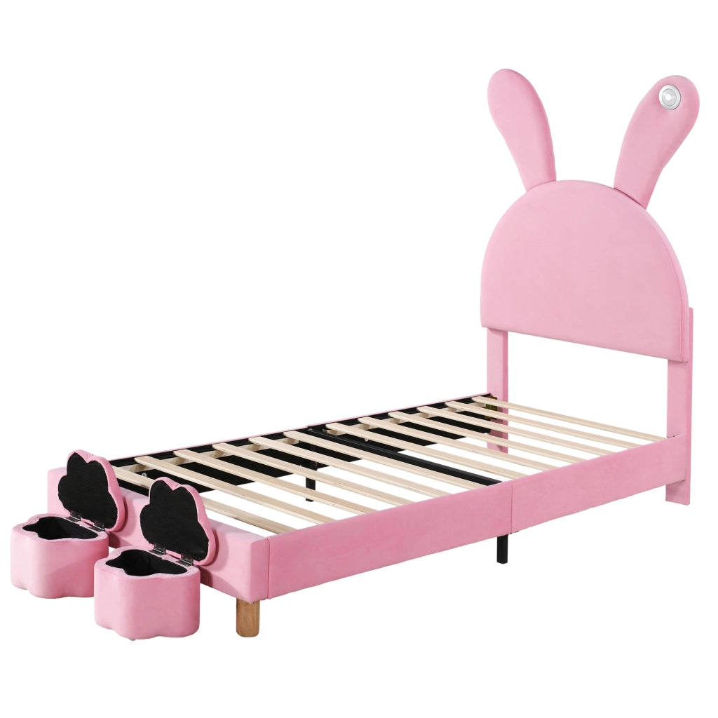 OKWISH Letto Bambini 90×200 cm, Letto Singolo con 2 Panche Contenitore, LED e Orecchie da Coniglio Pieghevoli, senza Materasso, Velluto Rosa