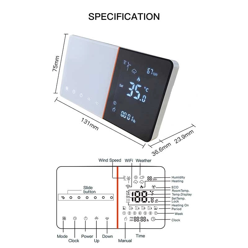 Termostato WIFI Con Meteo Protocollo WIFI 2.4G TUYA, Smart Life Rettangolare Compatibile Con Scatola 502 e 503 Riscaldamento Caldaia a Gas Bianco / Nero 5A 95-240V IP20