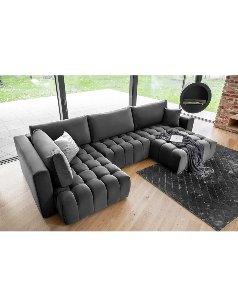Divano ad angolo BONITA convertibile 6 posti grigio scuro tessuto – lato destro – 350x175cm