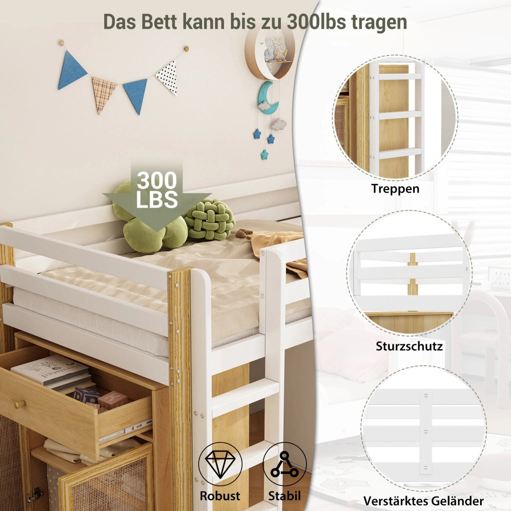 DESMIU Letto a Soppalco Singolo con 2 Armadi Contenitore e Scala, 90 × 200 cm, senza materasso, Naturale e Bianco