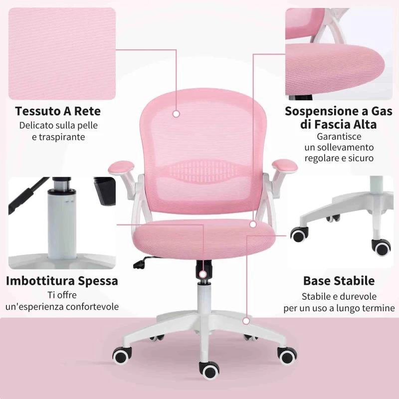 SEDIA DA UFFICIO ERGONOMICA E REGOLABILE CON SCHIENALE A RETE E SEDUTA IMBOTTITA, 65.5X61.5X88-97.5 CM, ROSA