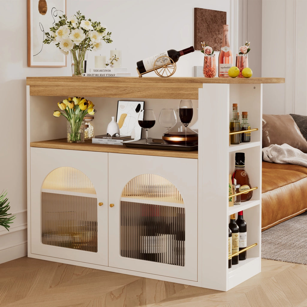 Bar tavolo allungabile girevole con LED e vano contenitore, bianco, 138-193 x 39 x 105 cm