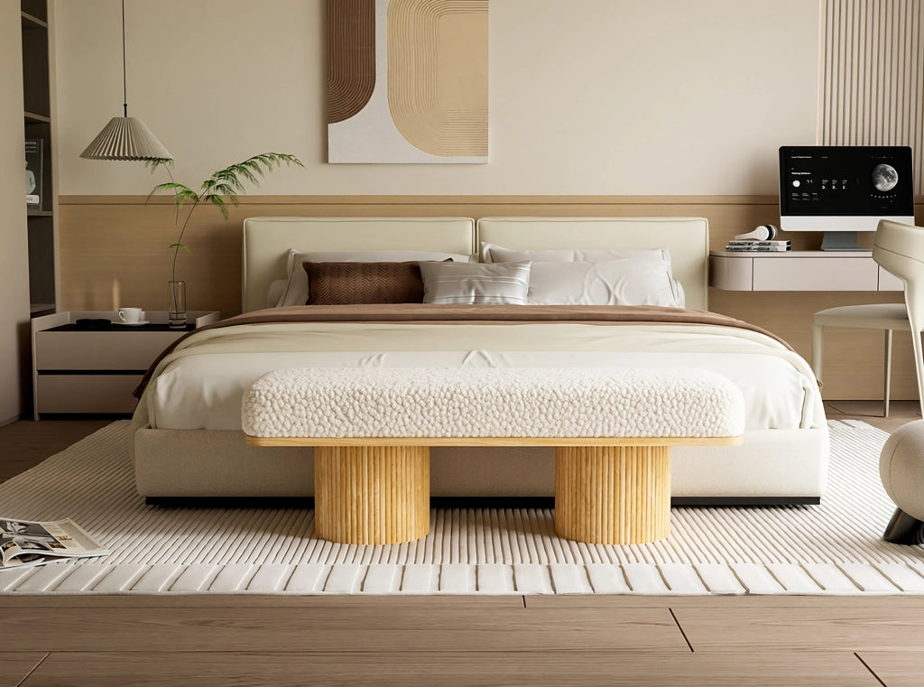 Panca imbottita 122 cm en teddy fleece con base in legno massiccio, seduta morbida per ingresso e camera, naturale