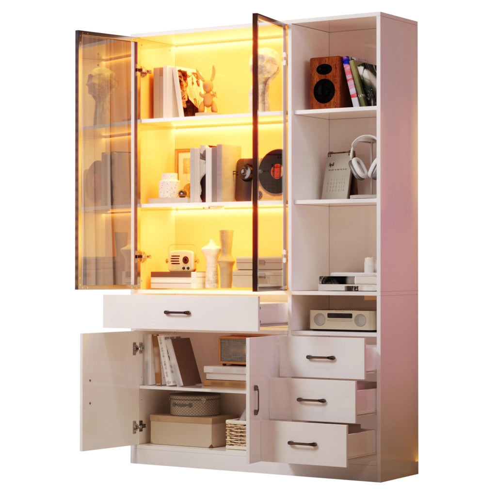 Vetrina alta con LED e 4 cassetti 120x35x200 cm; bianco; in truciolare con vetro temperato