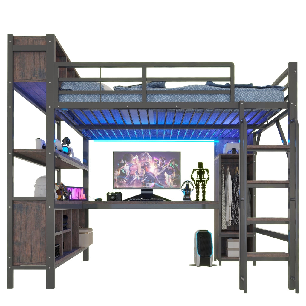 DESMIU Letto a soppalco 140 × 200 cm con scrivania, armadio, ripiani, LED e prese, senza materasso, metallo nero