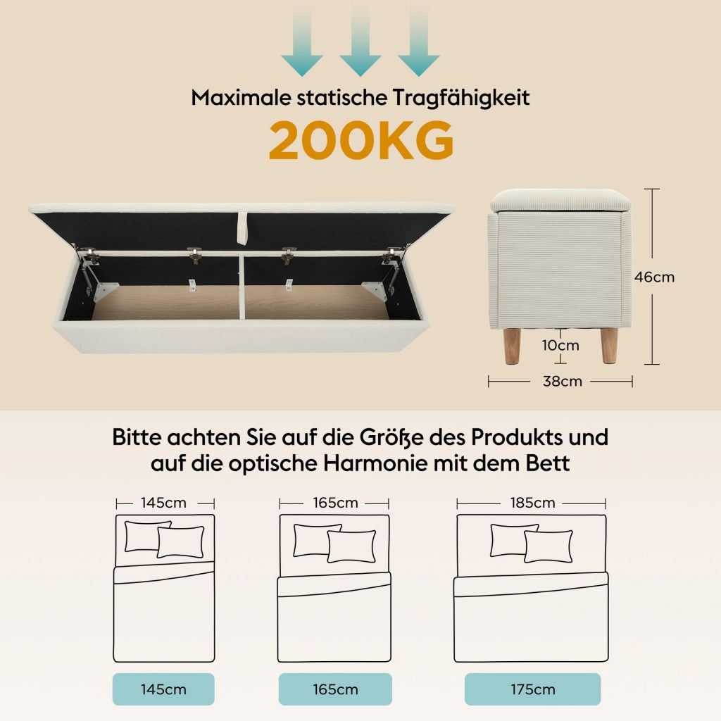Panca da letto con vano contenitore, 165 x 38 cm, panca imbottita con meccanismo idraulico per il vano contenitore, adatta per camera da letto, soggio