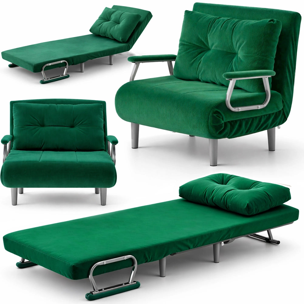 Poltrona Divano Letto Singolo Reclinabile Verde Rivestimento in Velluto a Coste