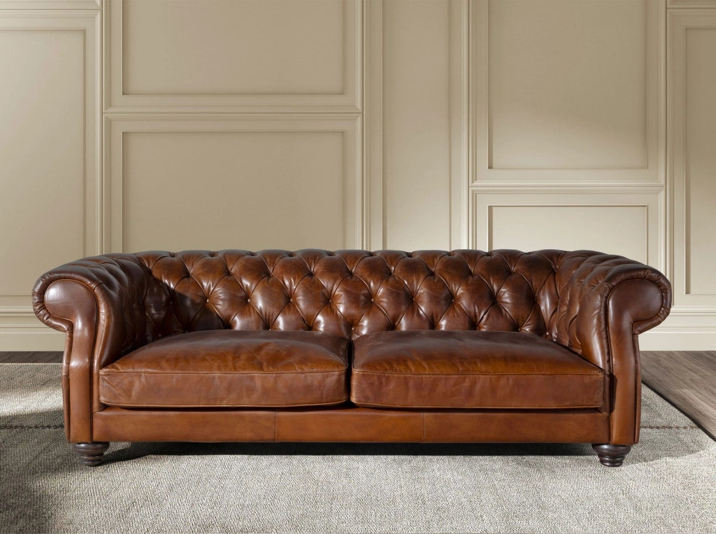 Divano chester 3 posti in pelle marrone cognac