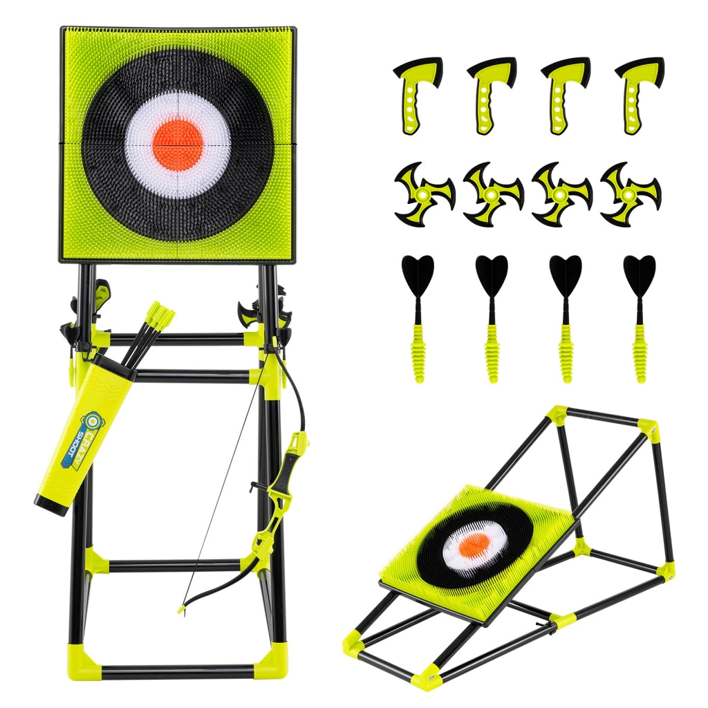 Set 4 in 1 arco e frecce per bambini e adulti, Set da gioco con asce da lancio per interno ed esterno Verde