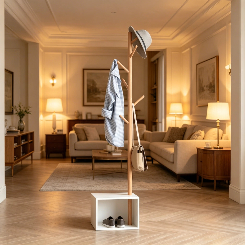 Mobile ingresso con 6 ganci e panca; in MDF e bambù; 40×30×180 cm