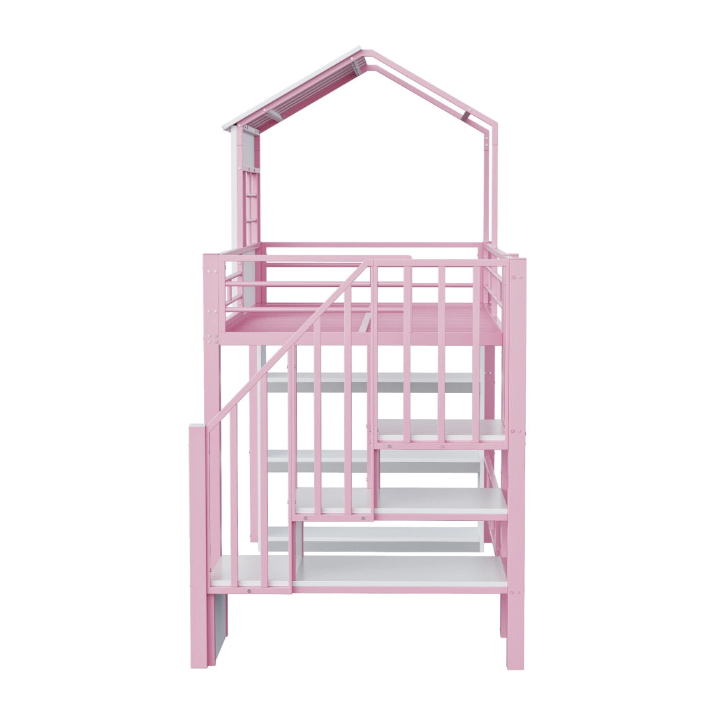 DESMIU Litto mezzanino bambino 90 × 200 cm 1 posto con scala contenitore e scaffali, senza materasso, in metallo, rosa