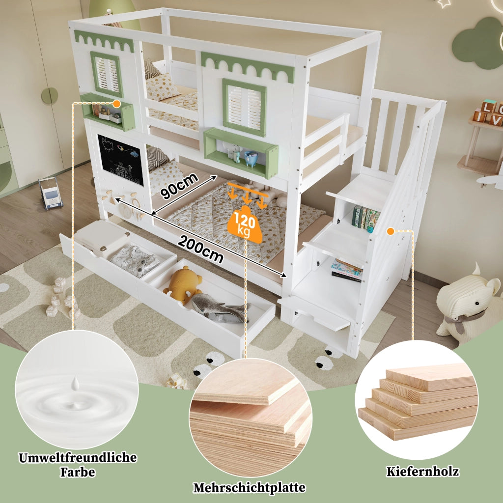 DESMIU Letto a castello bambino 90 × 200 cm con scala contenitore, 2 cassetti, senza materasso, in legno, bianco e verde