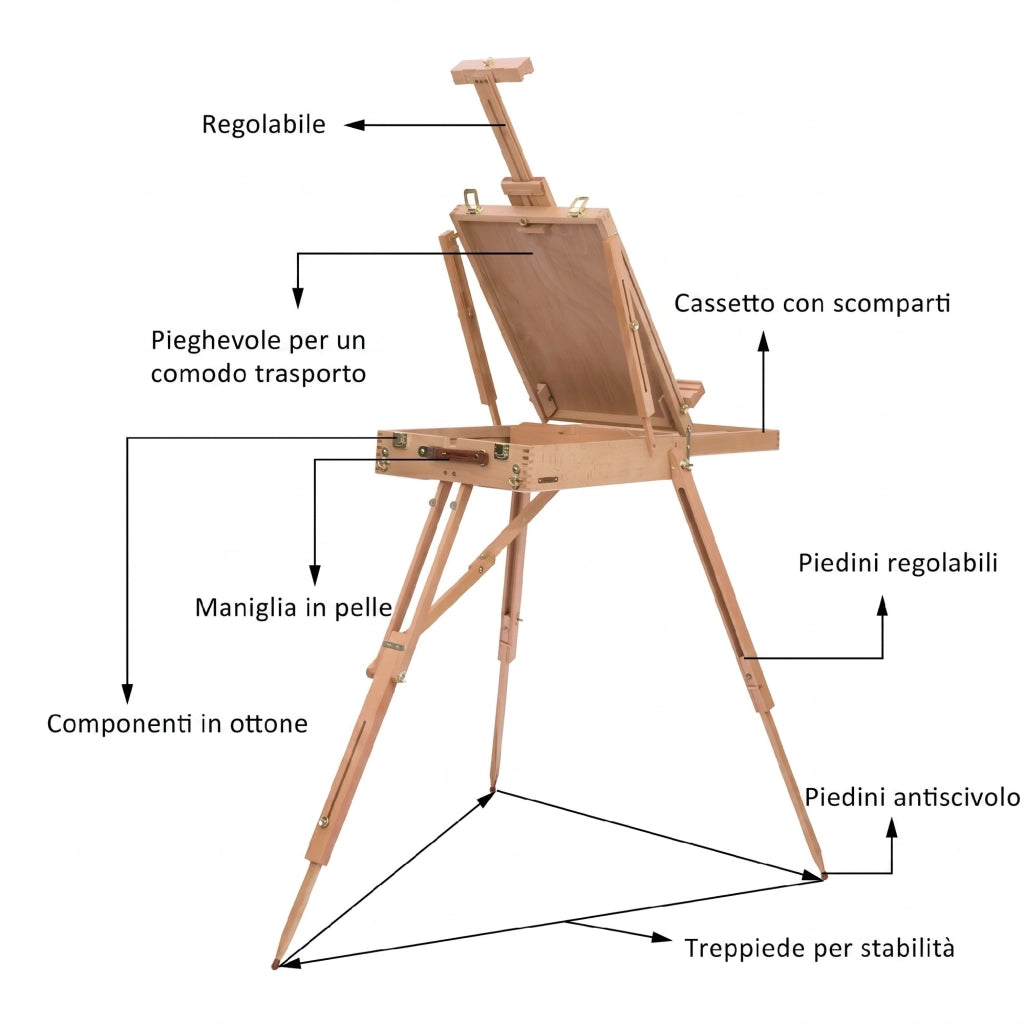 Cavalletto Treppiede con Cassetto Tavolozza e Tracolla ad Altezza Regolabile in Legno di Faggio Naturale