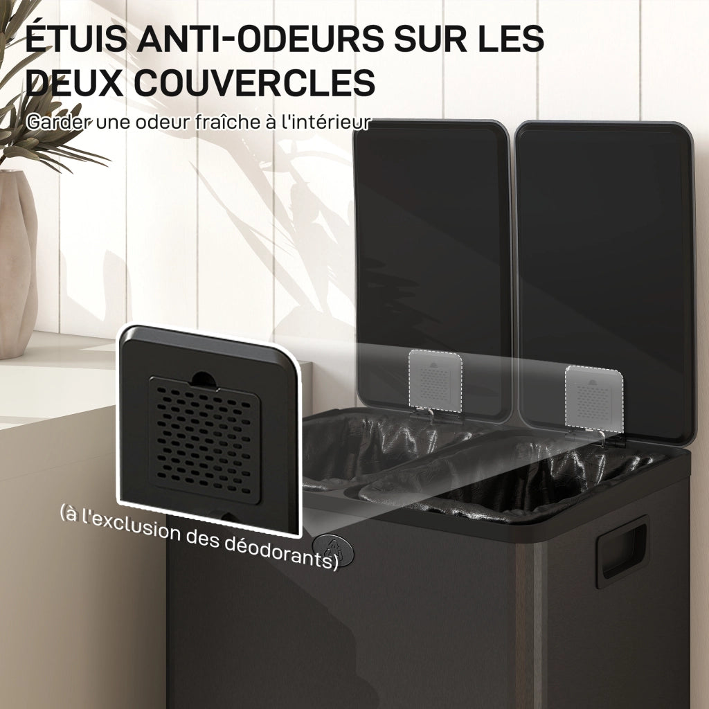 Pattumiera da Cucina 2 Scomparti ¨C Xylo ¨C 2x28L Acciaio Inox Nero Coperchio Soft-Close 45,8x36x67,6cm