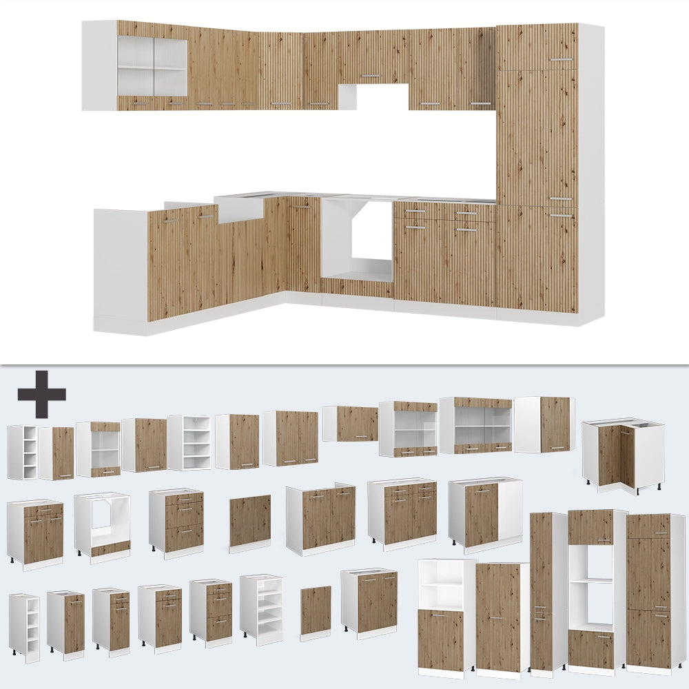 Cucina angolare completa R-Line Rovere artigianale/Bianco 287 x 227 cm, PL Marmo Vicco