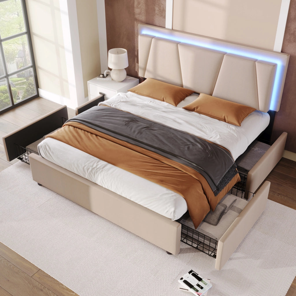 Letto con cassetti matrimoniale 140×200 cm con LED; testiera regolabile; 4 cassetti; materasso incluso; beige