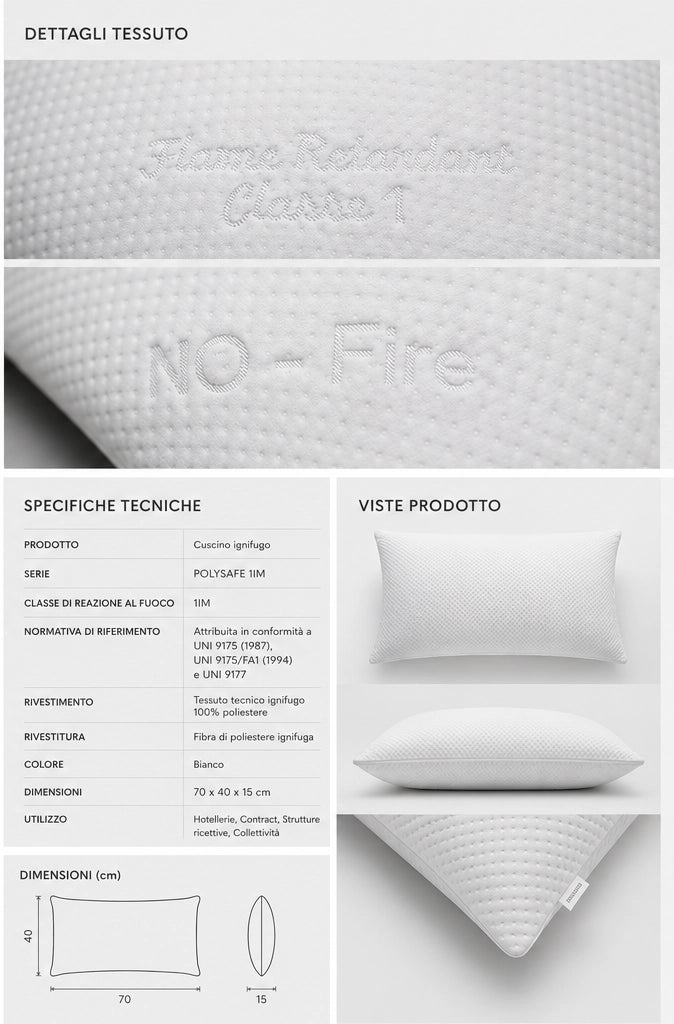 Cuscino Ignifugo Classe 1IM Cadorm – Serie Polysafe 70x40x15 cm  1000 gr| Certificato per Hotel e Contract