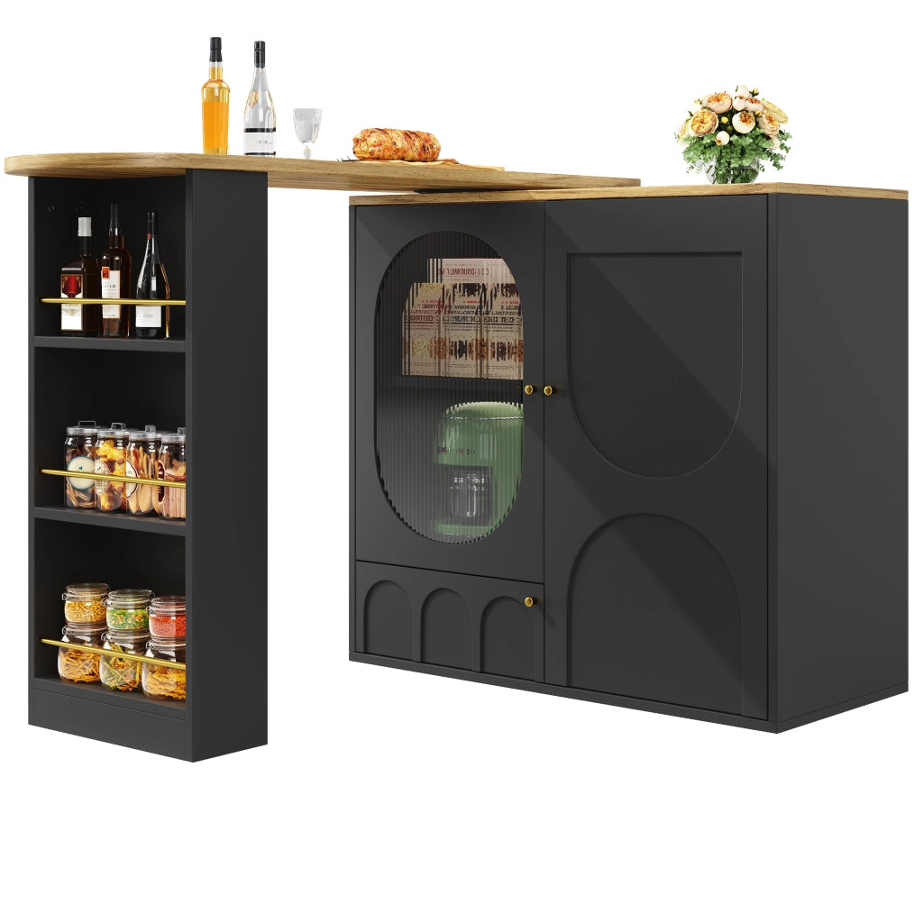 OKWISH Mobile Bar da Cucina con 3 Ante, Tavolo Laterale Girevole a 360°, Portasciugamani e Portaspezie, Nero