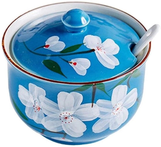 Set di contenitori in ceramica per spezie e zucchero 300ml con coperchio e cucchiaio decorato con motivi floreali, set di contenitori per cucina e sala da pranzo (blu)