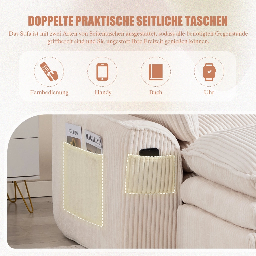 Divano modulare 3 posti - con pouf; tasche laterali e cuscini - in corduroy beige
