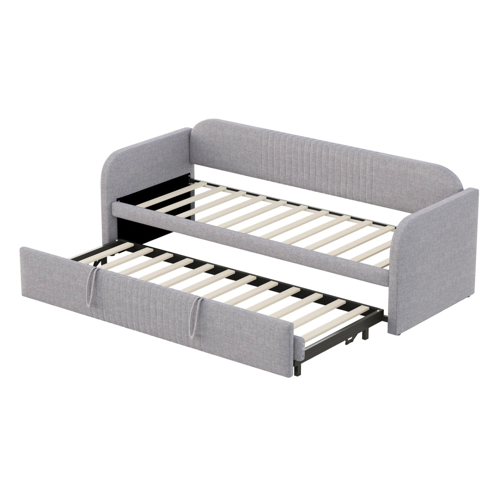 Letto divano estraibile 90/180x190 cm con schienale a righe verticali; rete a doghe e rivestimento in lino grigio chiaro