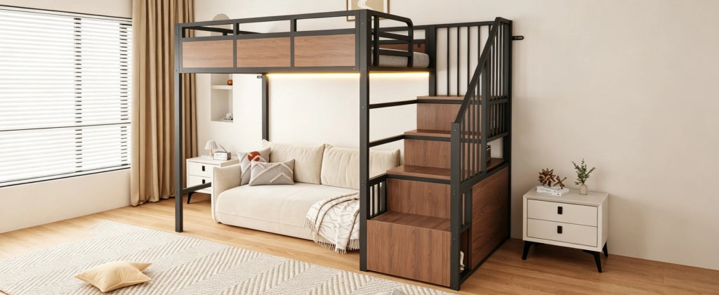 Letto a soppalco 90 × 200 cm con scala contenitore reversibile, led, senza materasso, in metallo e legno, nero