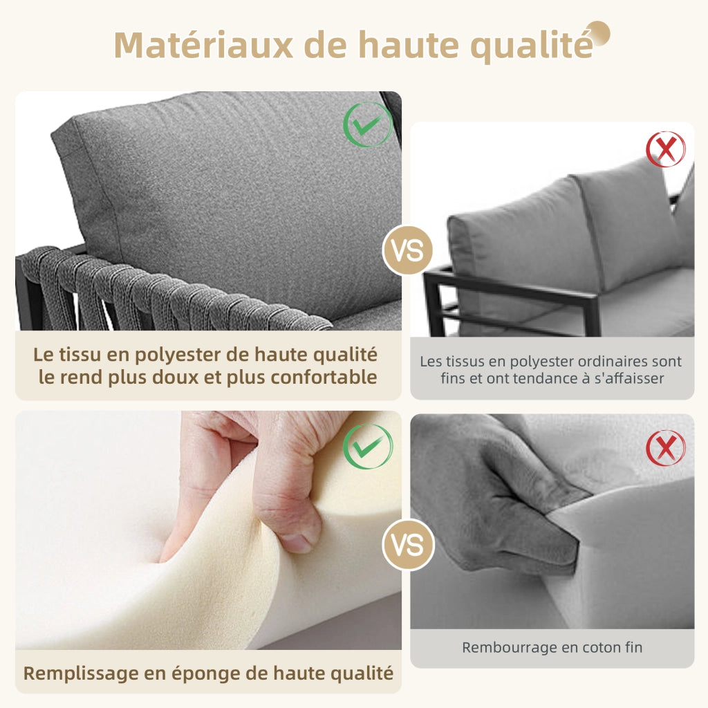 OKWISH Set da 5 mobili da giardino con divano angolare, poltrona, panca e tavolo, Metallo e Poliestere Grigio