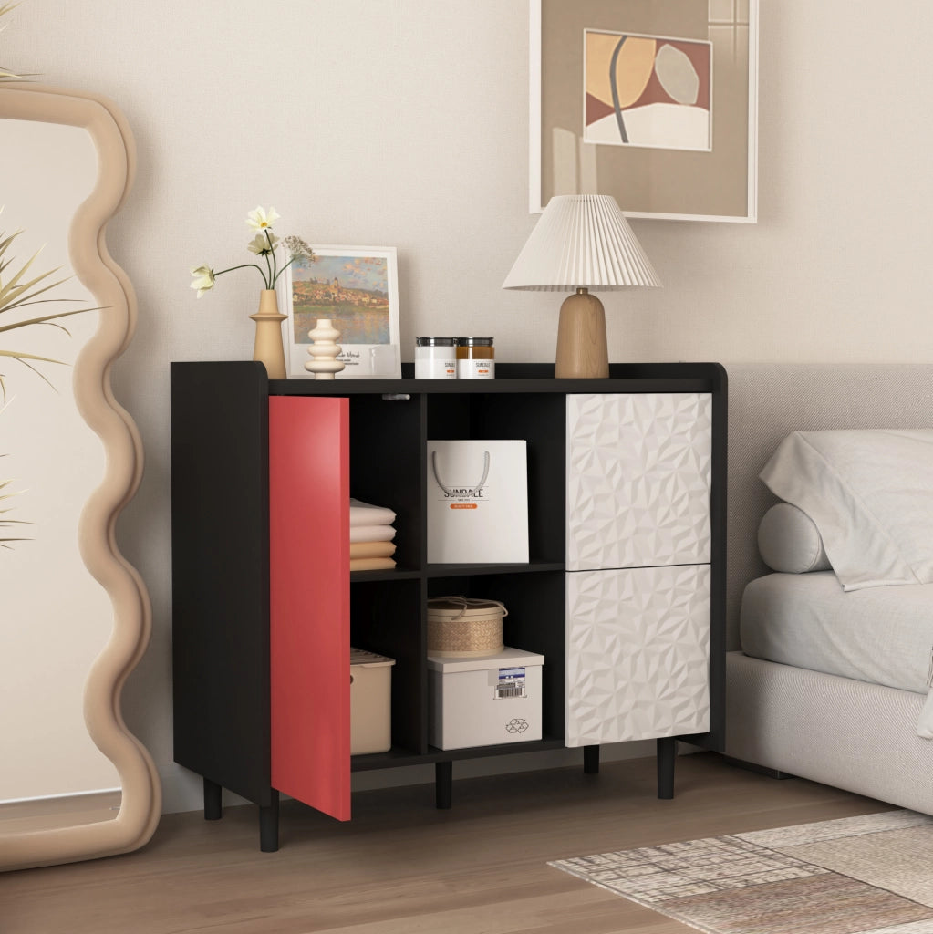 Credenza sideboard con 2 cassetti e vano aperto; 90x40x80 cm; MDF nero e rosso