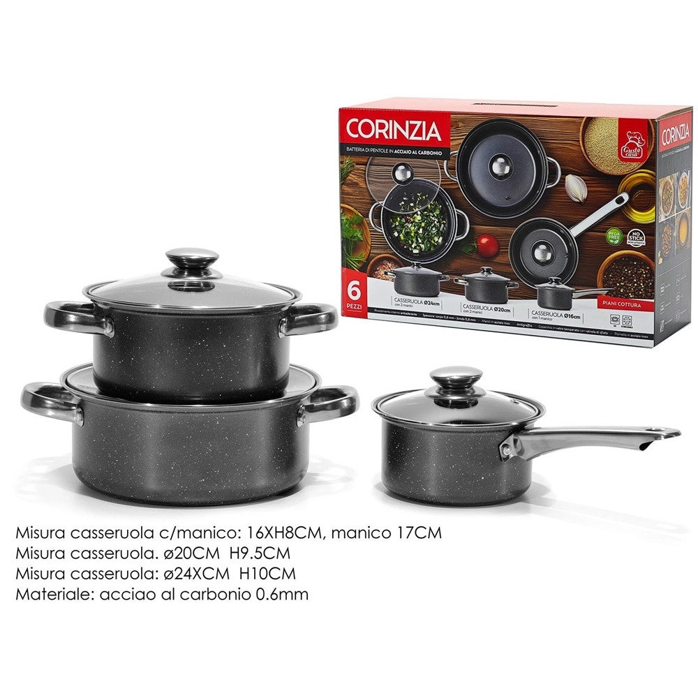Trade Shop - Set Batteria Di Pentole Cucina In Acciaio Al Carbonio Da 6pz Antiaderente Antigraffio -
