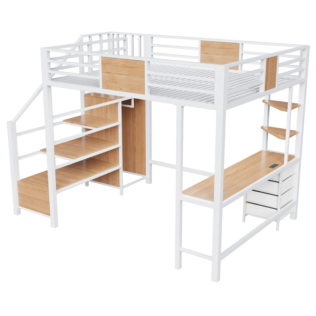 Letto a soppalco matrimoniale 140×200 cm con scrivania; ripiani; asta appendiabiti; LED e presa; senza materasso; metallo; bianco