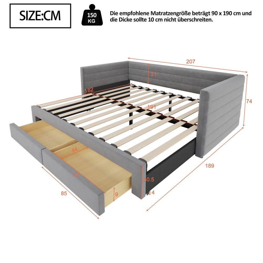 Letto Imbottito Estraibile 3 in 1 con Cassetti e Doghe ¨C MINIMAL ¨C Grigio 90x190 Cotone Lino