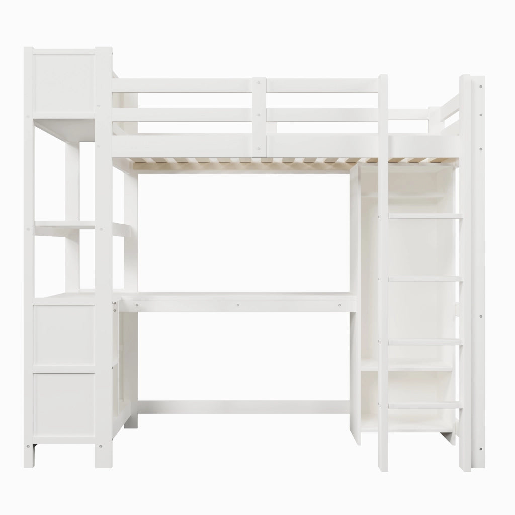 Letto a castello con scrivania e armadio - Zephmum - 90x200 cm, bianco, scaffali e ripiani