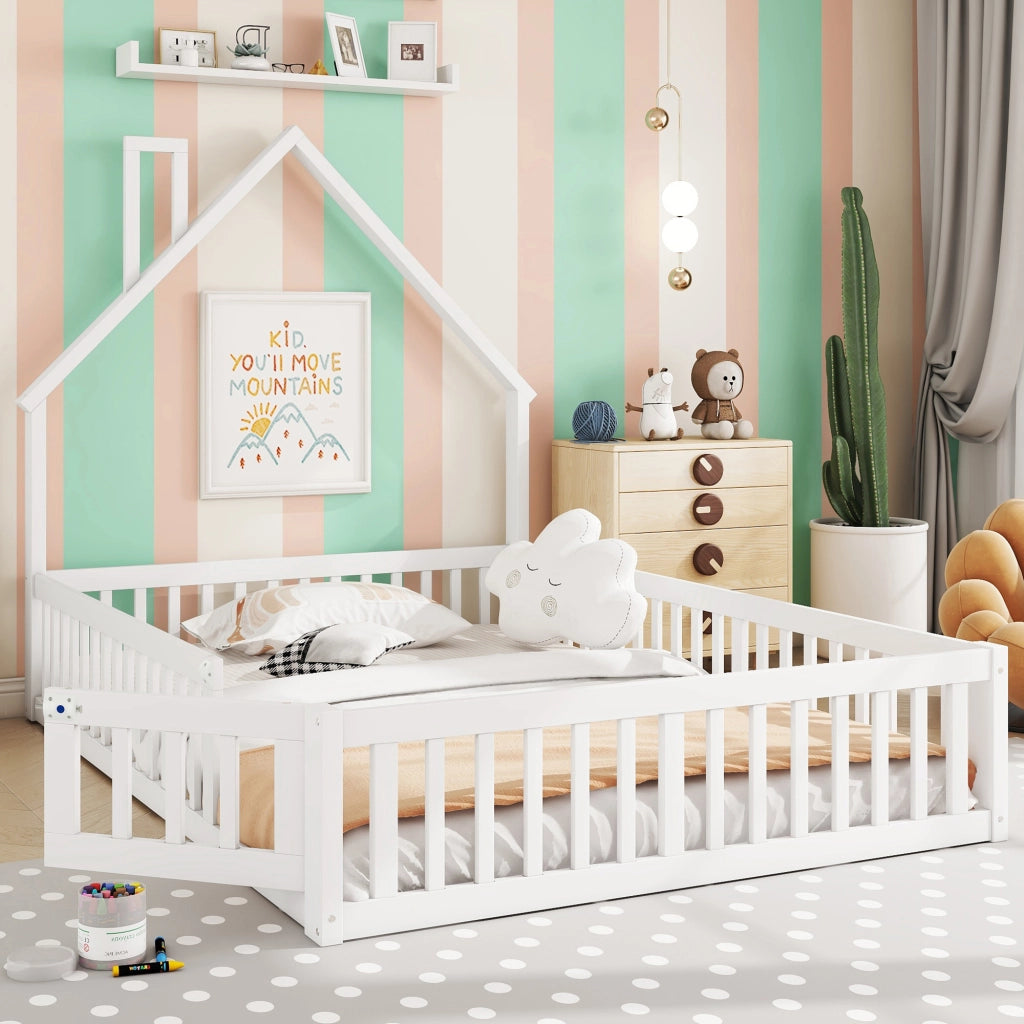 DESMIU Letto per Bambini 140 × 190 cm 2 Posti con Sponde di Sicurezza, Senza Materasso, in Pino e MDF, Bianco