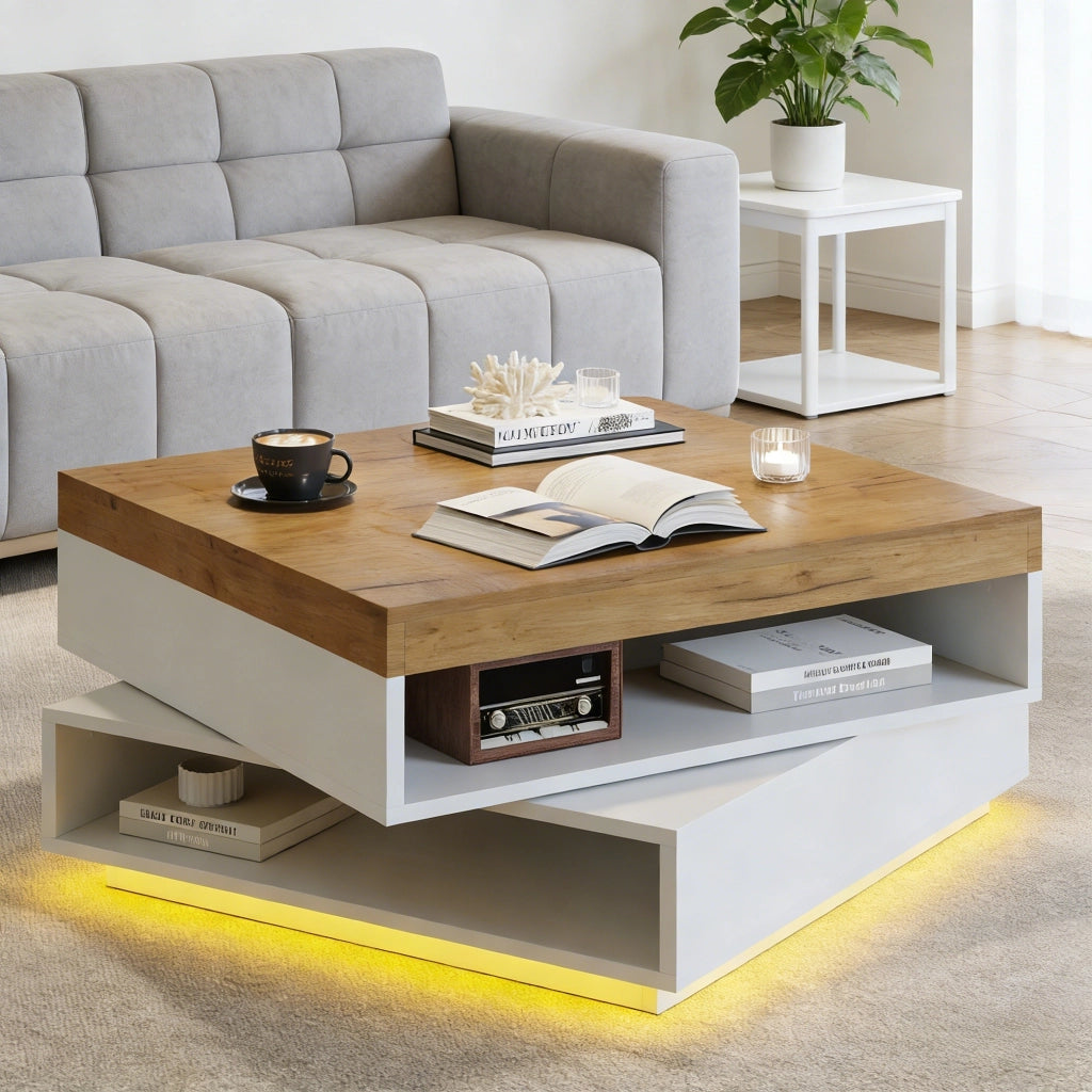 Tavolino quadrato 65¡Á65¡Á40 cm con piano girevole a 360¡ã, illuminazione LED e ripiani aperti, Bianco + effetto legno