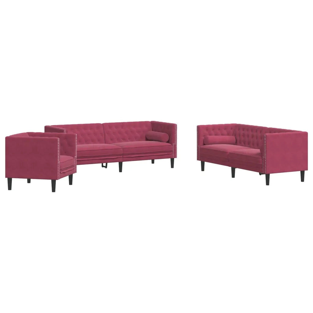 Set Divani Chesterfield 3pz con Cuscini Rosso Vino Velluto 3209285