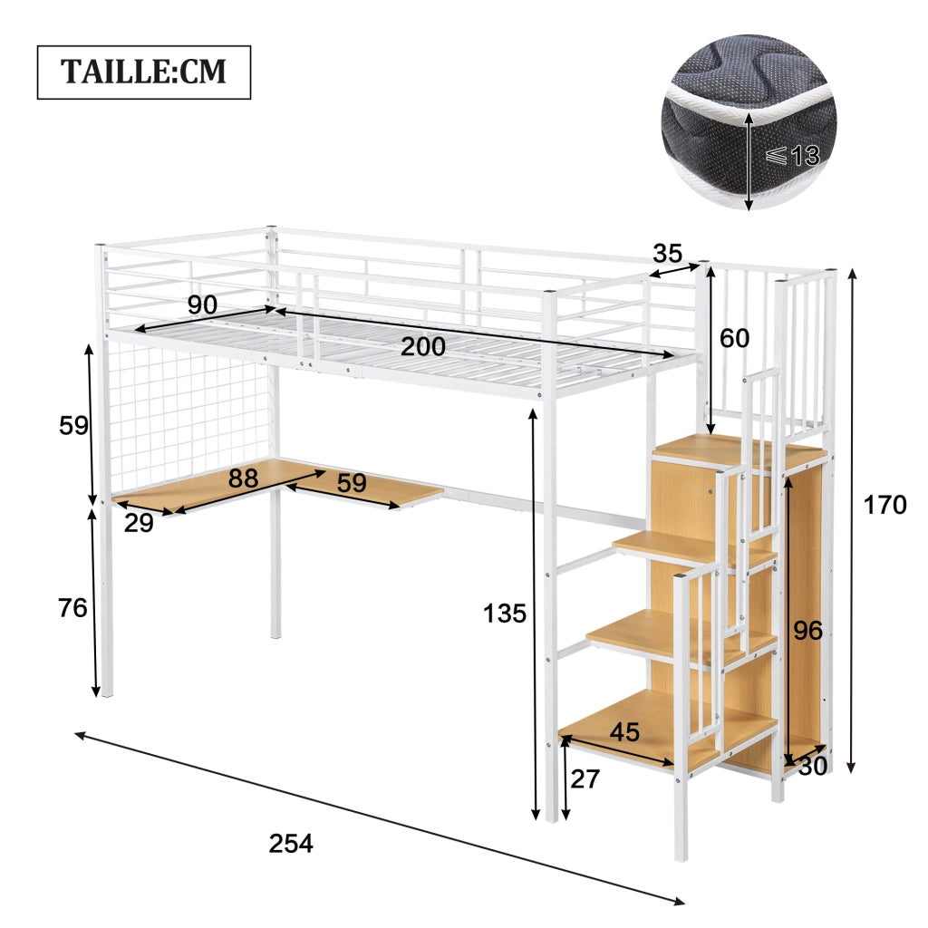 OKWISH Letto a Soppalco 90×200 cm, Letto Singolo con Scala Laterale, Scrivania e Armadio, senza Materasso, in Metallo e MDF, Bianco Naturale