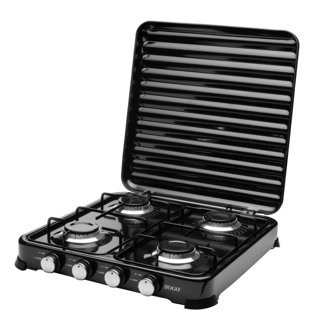 Fornello a gas 4 fuochi da campeggio 4x2,2 kW con coperchio e controllo fiamma, per uso esterno GPL e propano - Sogo