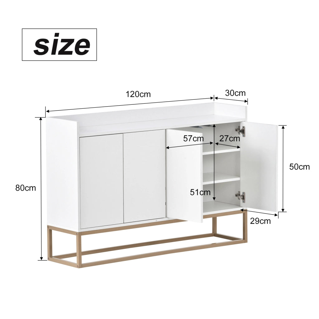 Credenza buffet 120cm bianca, mobile soggiorno pannello di particelle con base metallo oro, 4 ante push‑to‑open, ripiani regolabili per sala da pranzo ingresso