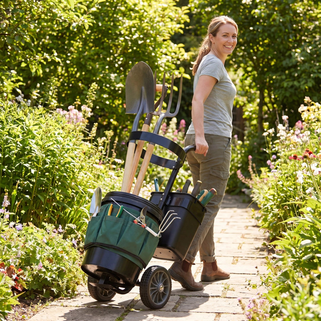 Carrello da giardino a due ruote con borsa in tessuto oxford, Carrellino per attrezzi da giardinaggio con secchio rotondo e contenitore rettangolare