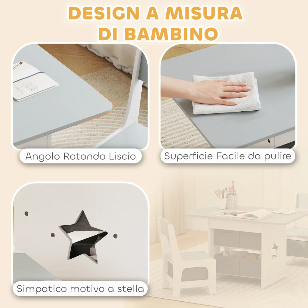 Set Tavolo e Sedie per Bambini 3-8 Anni con 6 Cassetti e Bordi Arrotondati in Legno e Tessuto Grigio e Bianco