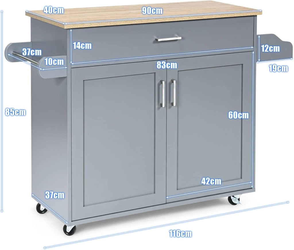 Carrello da Cucina con Ruote di Gomma, Scaffale per Microonde Carrello Servizio, Mobile Cucina con Ripiani e Ante, Credenza Cucina Legno Moderno Elegante, 116 x 37 x 85 cm (Grigio)