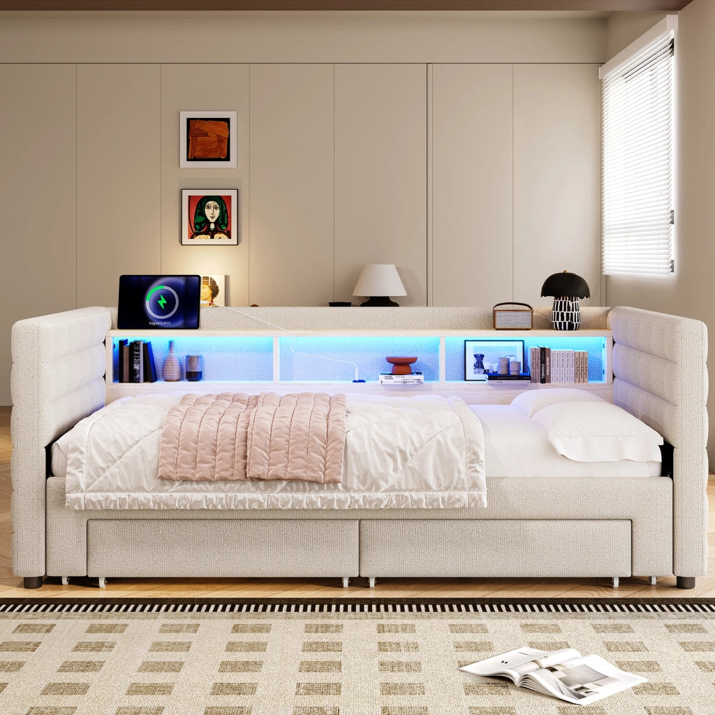 LETTO estraibile 90x190 cm in velluto beige con cassetti e luci LED